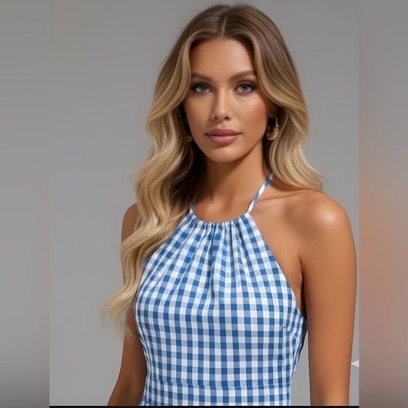 Gingham Print Tie Backless Halter Neck Ruffle Hem Dress - Picture 2 of 8